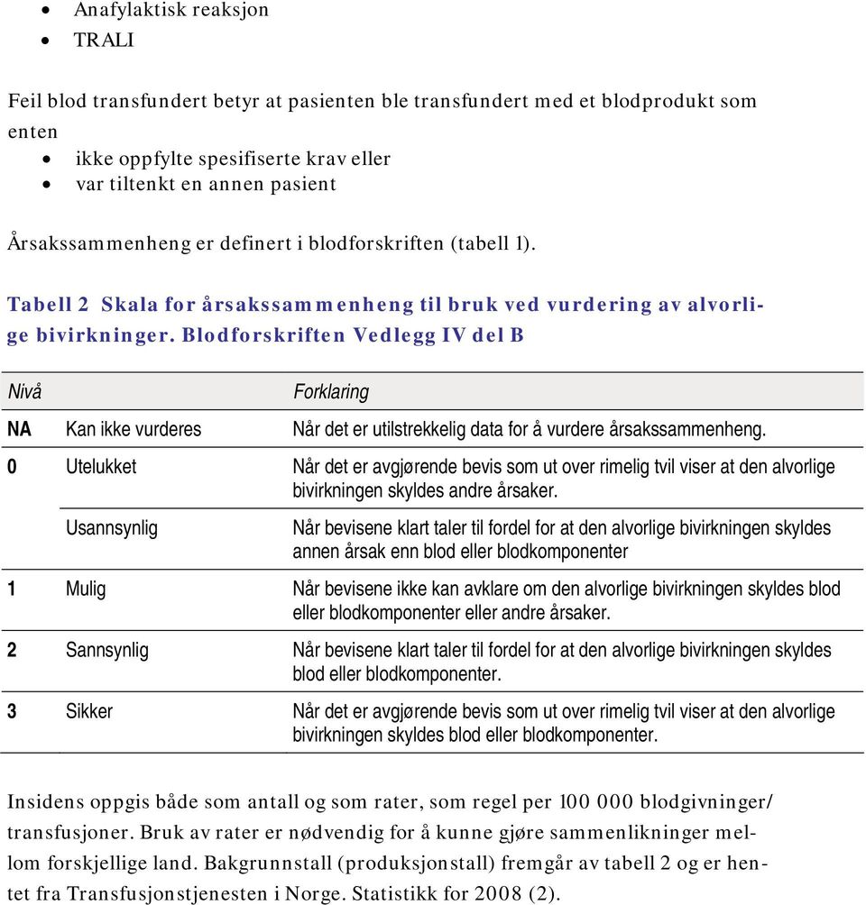 Blodforskriften Vedlegg IV del B Nivå Forklaring NA Kan ikke vurderes Når det er utilstrekkelig data for å vurdere årsakssammenheng.