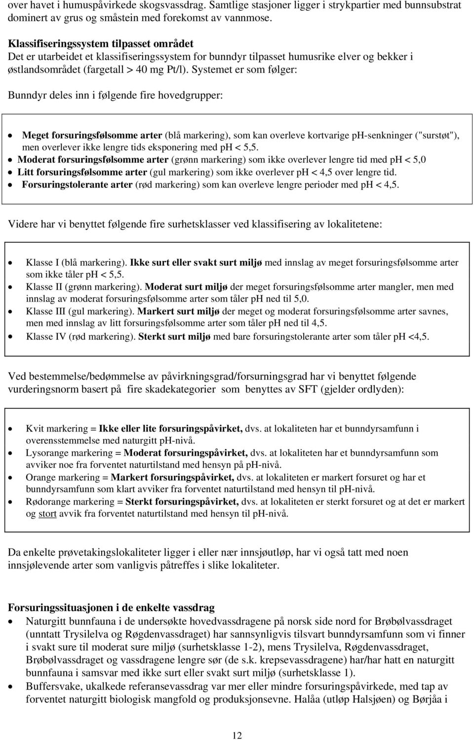 Systemet er som følger: Bunndyr deles inn i følgende fire hovedgrupper: Meget forsuringsfølsomme arter (blå markering), som kan overleve kortvarige ph-senkninger ("surstøt"), men overlever ikke