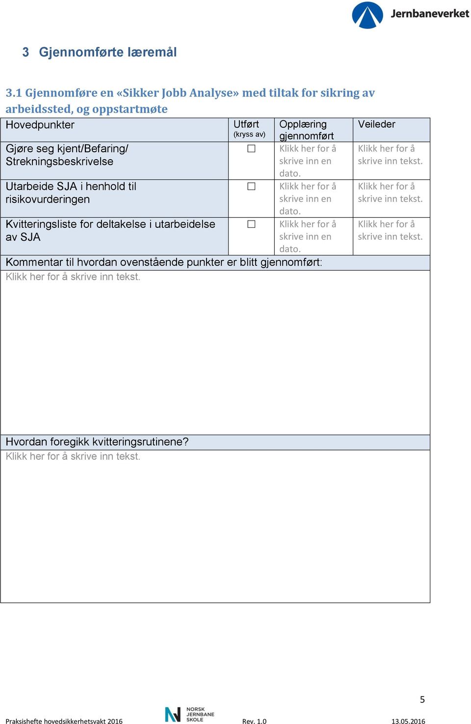 Opplæring Gjøre seg kjent/befaring/ Strekningsbeskrivelse Utarbeide SJA i henhold til risikovurderingen