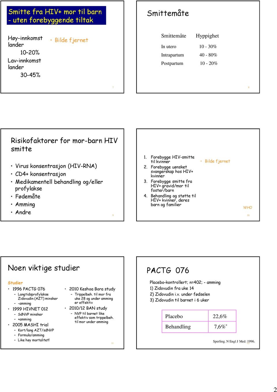 7 8 Risikofaktorer for mor-barn HIV smitte Virus konsentrasjon (HIV-RNA) CD4+ konsentrasjon Medikamentell behandling og/eller profylakse Fødemåte Amming Andre 9 Forebygge HIV-infeksjon hos barn 1.