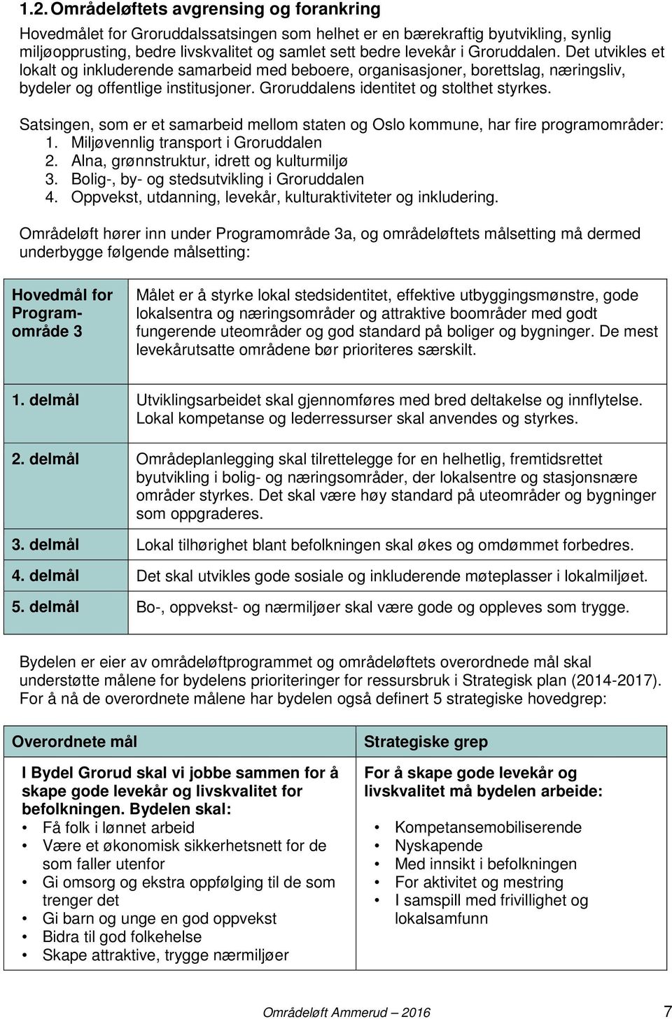 Satsingen, som er et samarbeid mellom staten og Oslo kommune, har fire programområder: 1. Miljøvennlig transport i Groruddalen 2. Alna, grønnstruktur, idrett og kulturmiljø 3.