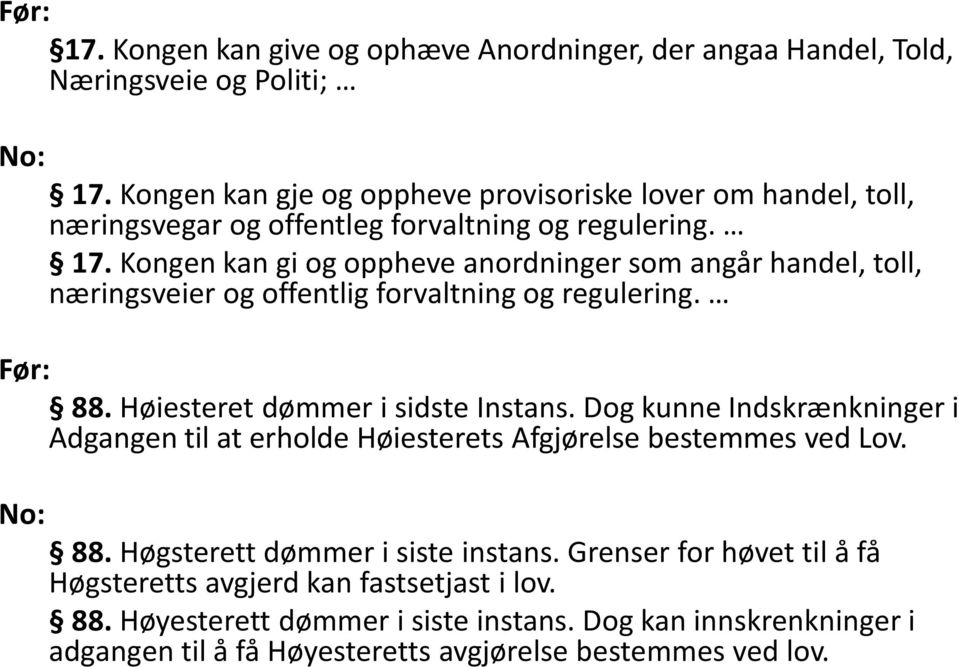 Kongen kan gi og oppheve anordninger som angår handel, toll, næringsveier og offentlig forvaltning og regulering. Før: 88. Høiesteret dømmer i sidste Instans.