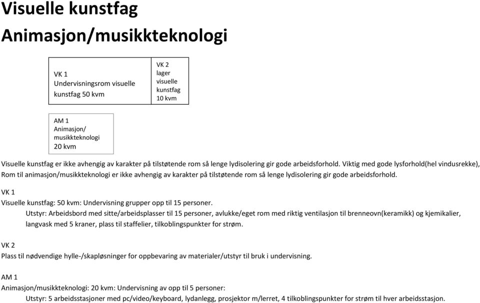 Viktig med gode lysforhold(hel vindusrekke), Rom til animasjon/musikkteknologi er ikke avhengig av  VK 1 Visuelle kunstfag: 50 kvm: Undervisning grupper opp til 15 personer.