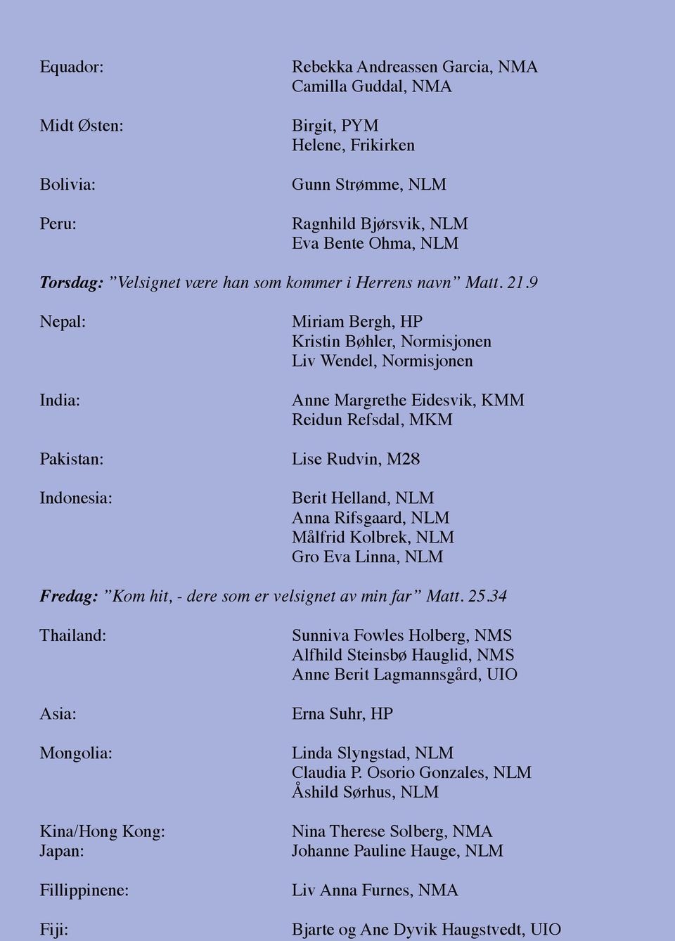 9 Nepal: India: Pakistan: Indonesia: Miriam Bergh, HP Kristin Bøhler, Normisjonen Liv Wendel, Normisjonen Anne Margrethe Eidesvik, KMM Reidun Refsdal, MKM Lise Rudvin, M28 Berit Helland, NLM Anna