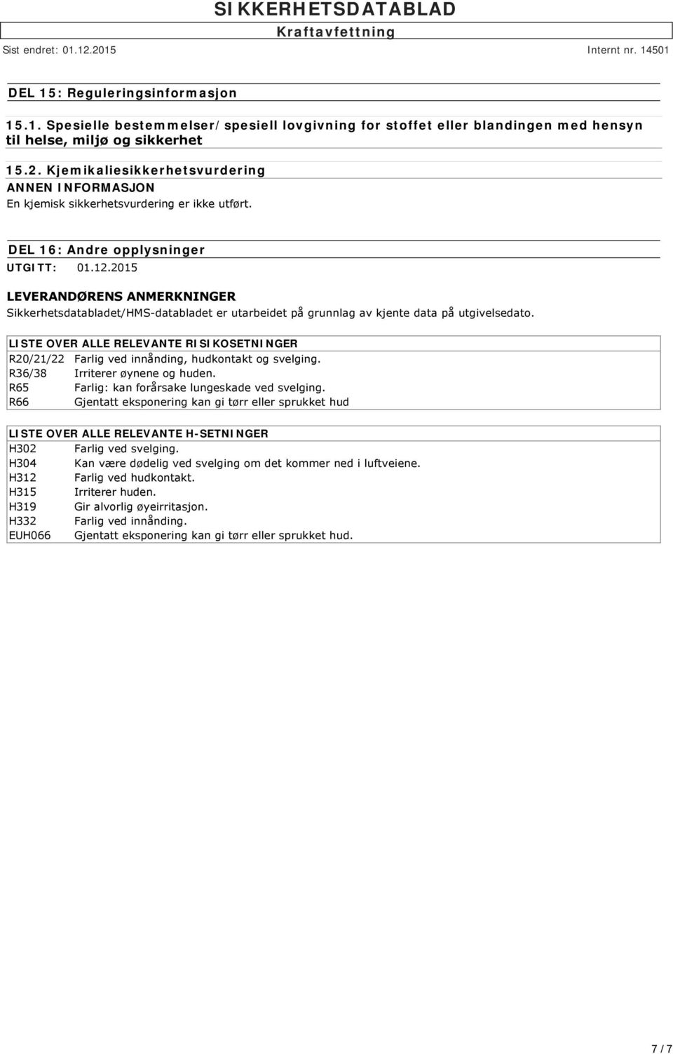 2015 LEVERANDØRENS ANMERKNINGER Sikkerhetsdatabladet/HMS databladet er utarbeidet på grunnlag av kjente data på utgivelsedato.
