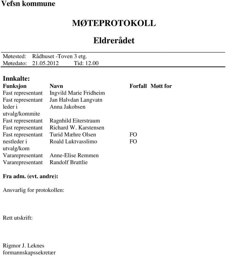 leder i Anna Jakobsen utvalg/kommite Fast representant Ragnhild Eiterstraum Fast representant Richard W.