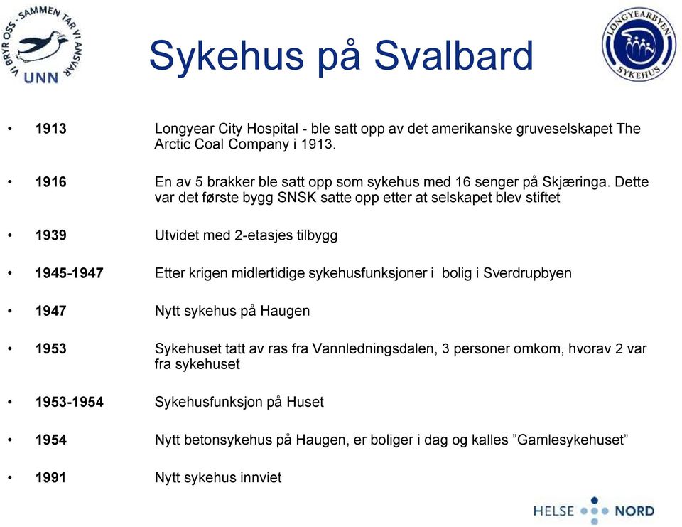 Dette var det første bygg SNSK satte opp etter at selskapet blev stiftet 1939 Utvidet med 2-etasjes tilbygg 1945-1947 Etter krigen midlertidige sykehusfunksjoner