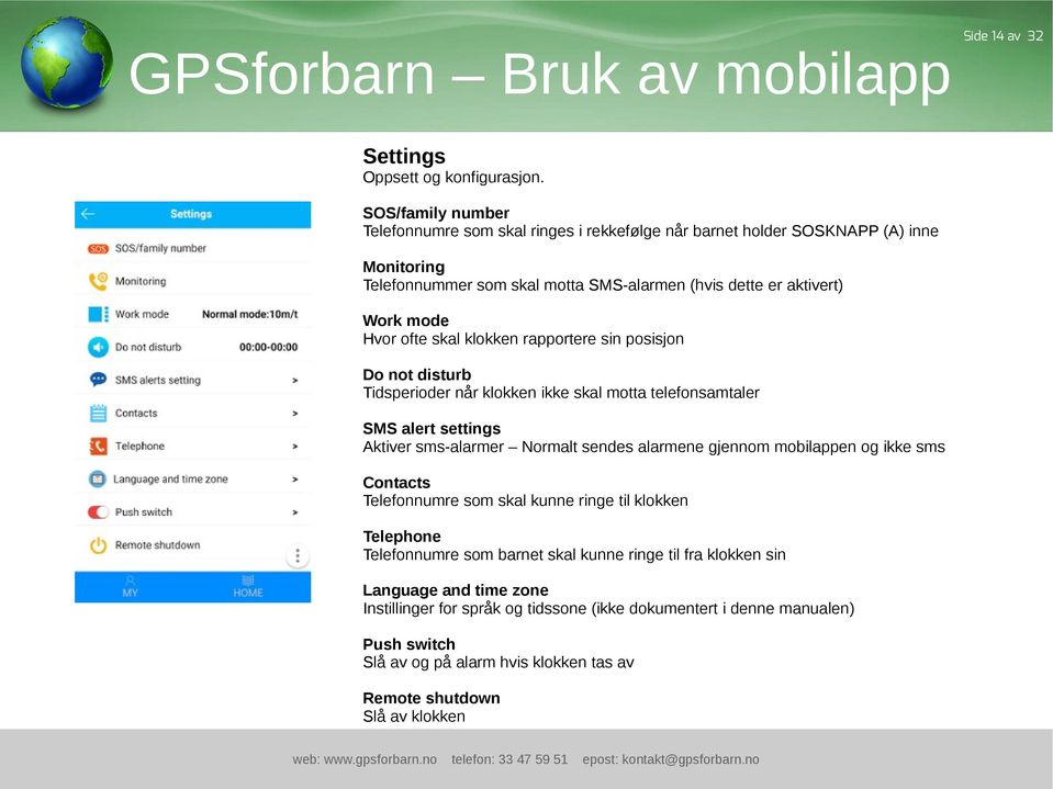 Hvor ofte skal klokken rapportere sin posisjon Do not disturb Tidsperioder når klokken ikke skal motta telefonsamtaler SMS alert settings Aktiver sms-alarmer Normalt sendes alarmene