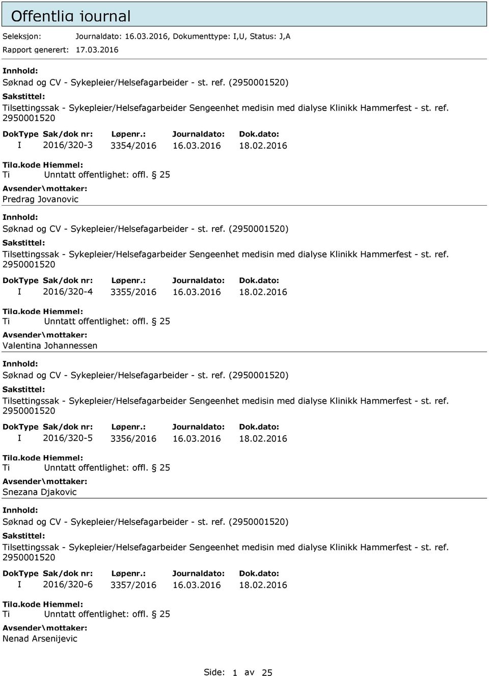 2016 nnhold: lsettingssak - Sykepleier/Helsefagarbeider Sengeenhet medisin med dialyse Klinikk Hammerfest - st. ref. 2016/320-4 3355/2016 Valentina Johannessen 18.02.