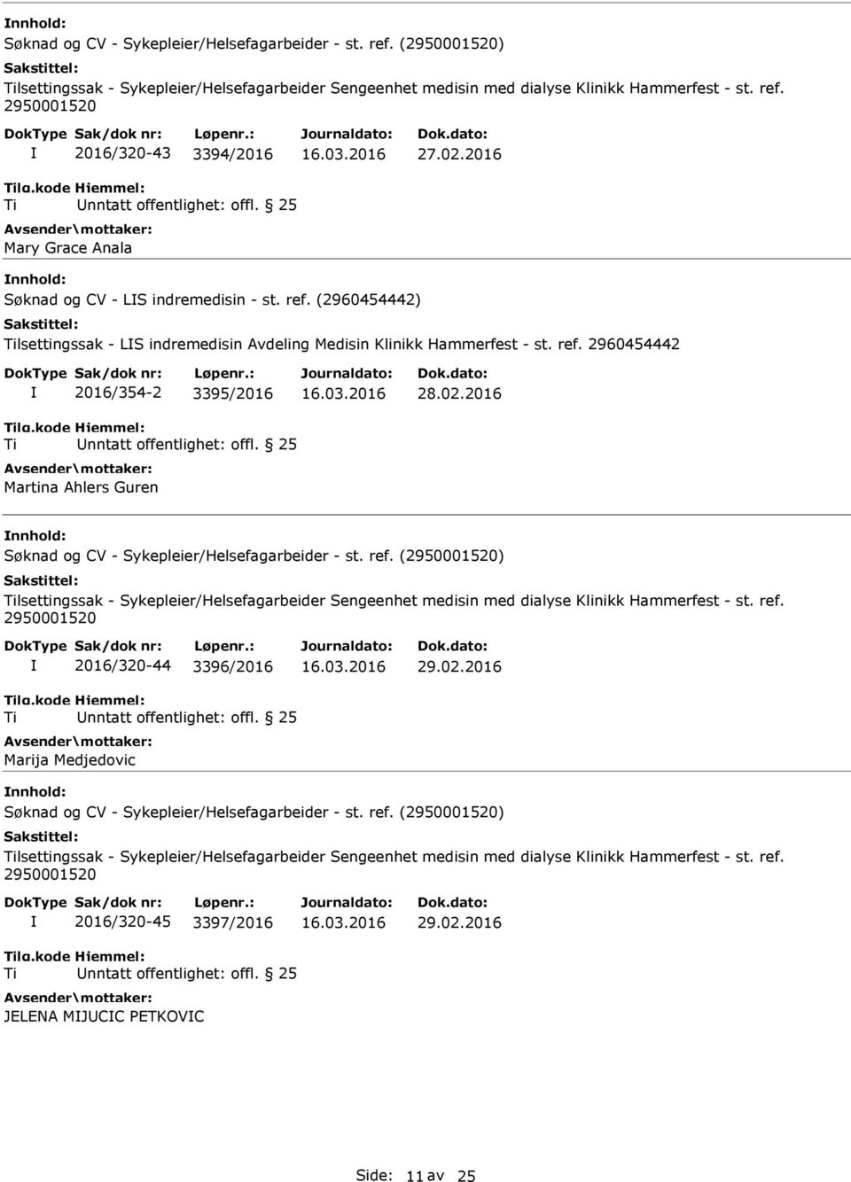 02.2016 nnhold: lsettingssak - Sykepleier/Helsefagarbeider Sengeenhet medisin med dialyse Klinikk Hammerfest - st. ref. 2016/320-44 3396/2016 Marija Medjedovic 29.02.2016 nnhold: lsettingssak - Sykepleier/Helsefagarbeider Sengeenhet medisin med dialyse Klinikk Hammerfest - st. ref. 2016/320-45 3397/2016 JELENA MJUCC PETKOVC 29.