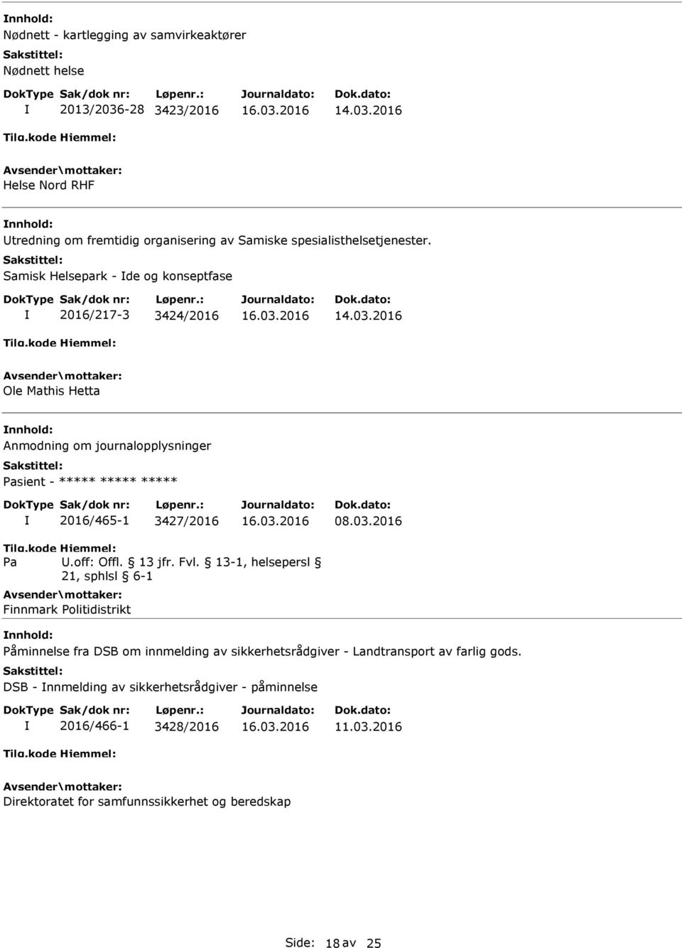 2016 Ole Mathis Hetta nnhold: Anmodning om journalopplysninger Pasient - ***** ***** ***** 2016/465-1 3427/2016 08.03.2016 Pa U.off: Offl. 13 jfr. Fvl.