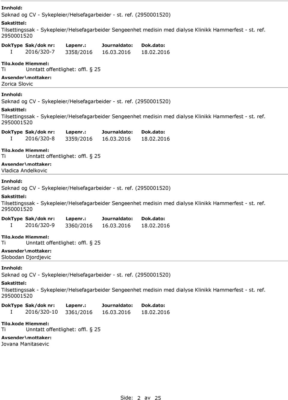 2016 nnhold: lsettingssak - Sykepleier/Helsefagarbeider Sengeenhet medisin med dialyse Klinikk Hammerfest - st. ref. 2016/320-9 3360/2016 Slobodan Djordjevic 18.02.