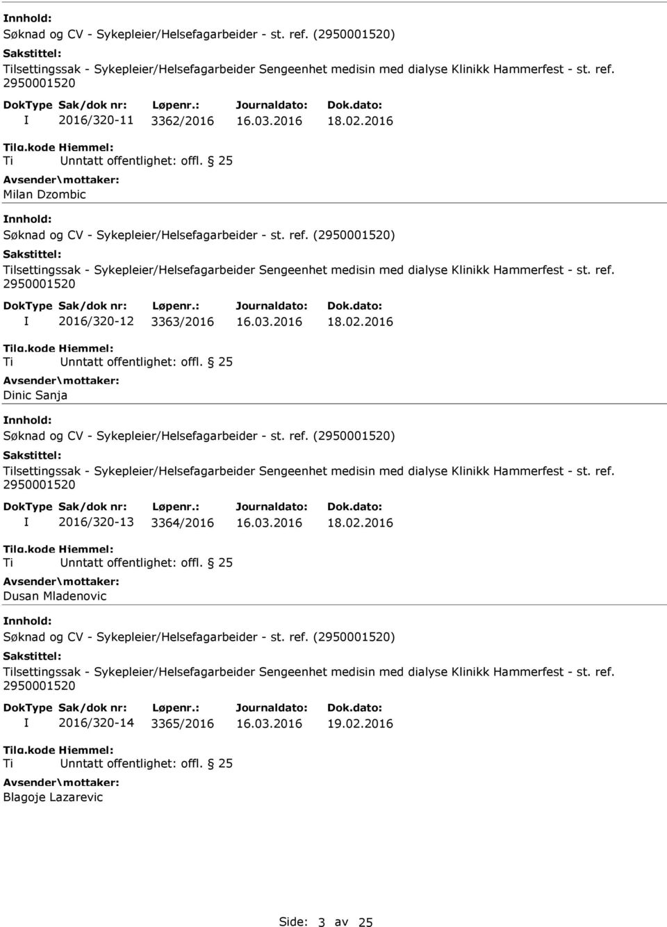 2016 nnhold: lsettingssak - Sykepleier/Helsefagarbeider Sengeenhet medisin med dialyse Klinikk Hammerfest - st. ref. 2016/320-13 3364/2016 Dusan Mladenovic 18.02.