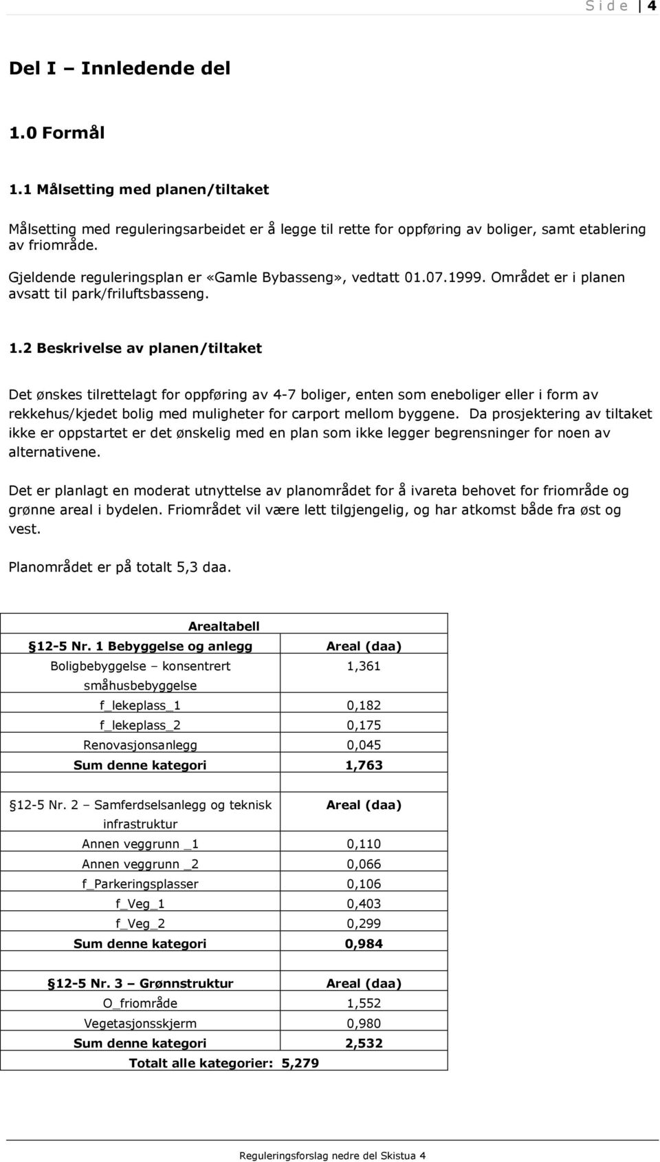 2 Beskrivelse av planen/tiltaket Det ønskes tilrettelagt for oppføring av 4-7 boliger, enten som eneboliger eller i form av rekkehus/kjedet bolig med muligheter for carport mellom byggene.