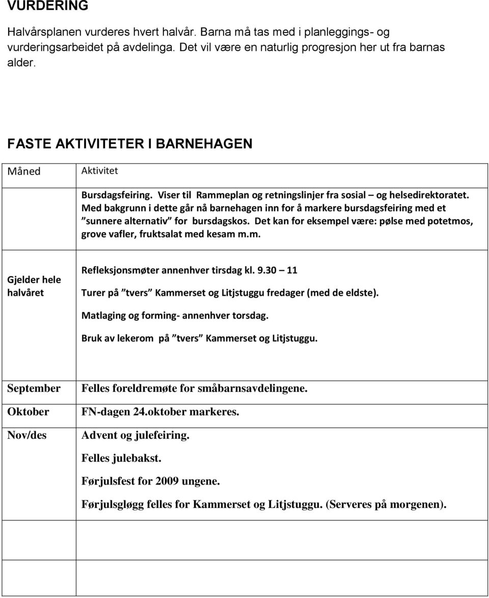 Med bakgrunn i dette går nå barnehagen inn for å markere bursdagsfeiring med et sunnere alternativ for bursdagskos. Det kan for eksempel være: pølse med potetmos, grove vafler, fruktsalat med kesam m.