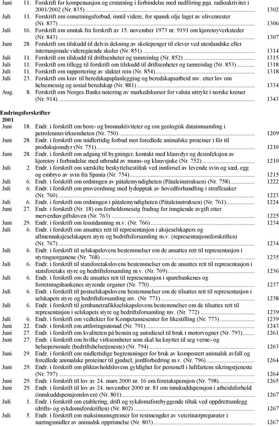 9191 om kjøretøyverksteder (Nr. 843)... 1307 Juni 28. Forskrift om tilskudd til delvis dekning av skolepenger til elever ved utenlandske eller internasjonale videregående skoler (Nr. 851).