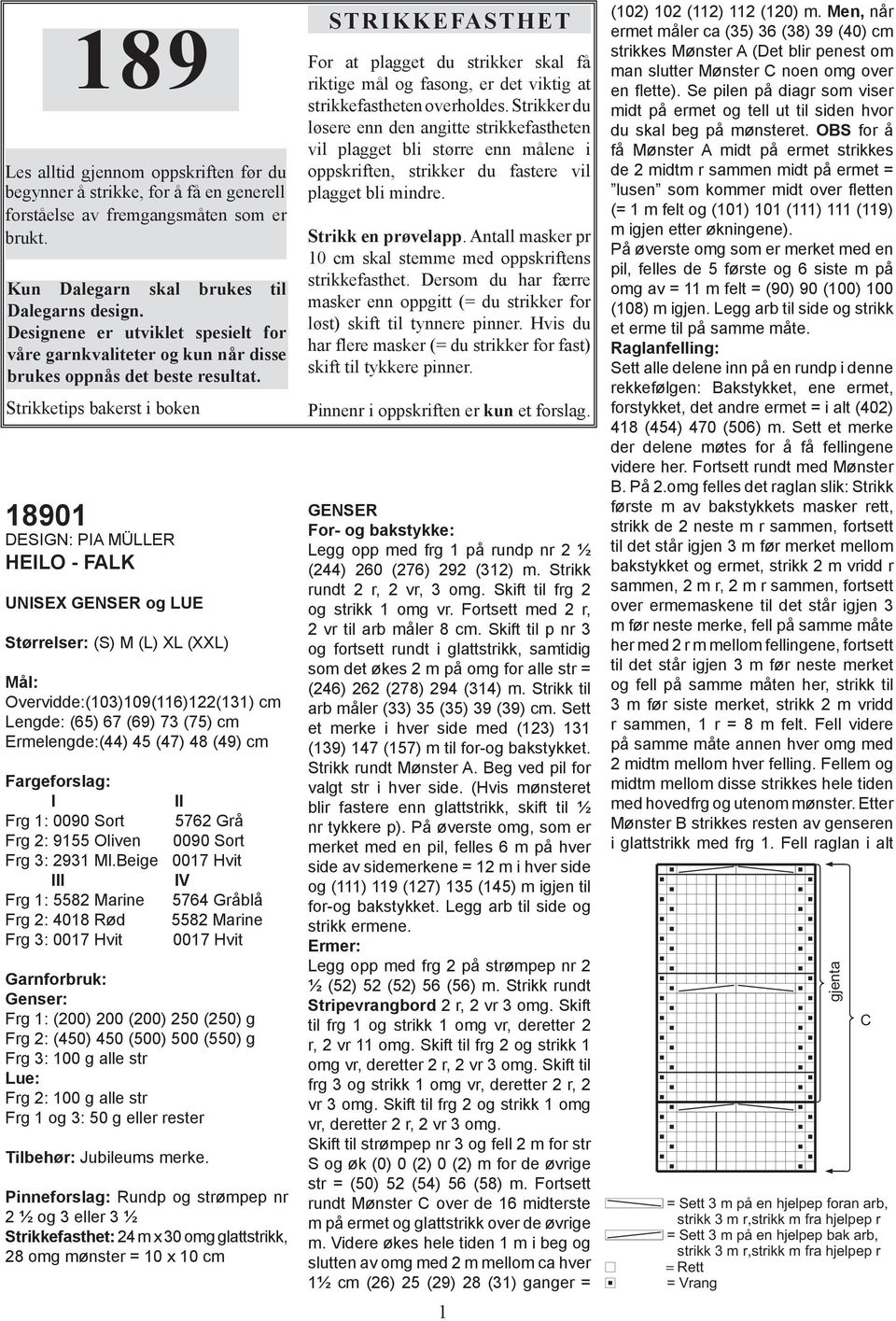 Strikketips bakerst i boken 18901 DESIGN: PIA MÜLLER HEILO - FALK UNISEX GENSER og LUE Størrelser: (S) M (L) XL (XXL) Mål: Overvidde:(103)109(116)122(131) cm Lengde: (65) 67 (69) 73 (75) cm