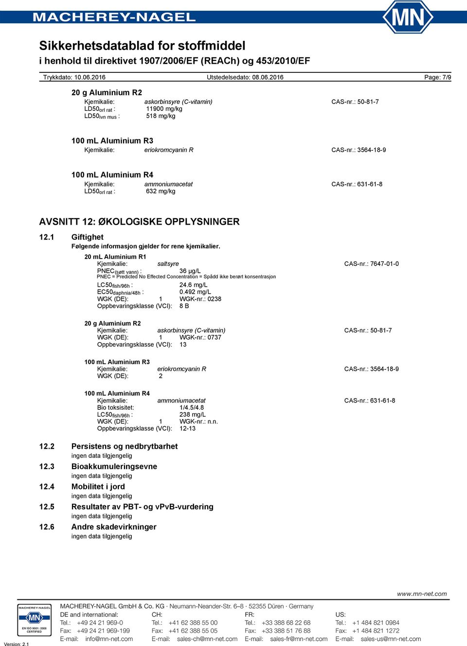 : 7647010 PNEC (søtt vann) : 36 µg/l PNEC = Predicted No Effected Concentration = Spådd ikke berørt konsentrasjon LC50 fish/96h : 24.6 mg/l EC50 daphnia/48h : 0.492 mg/l WGK (DE): 1 WGKnr.