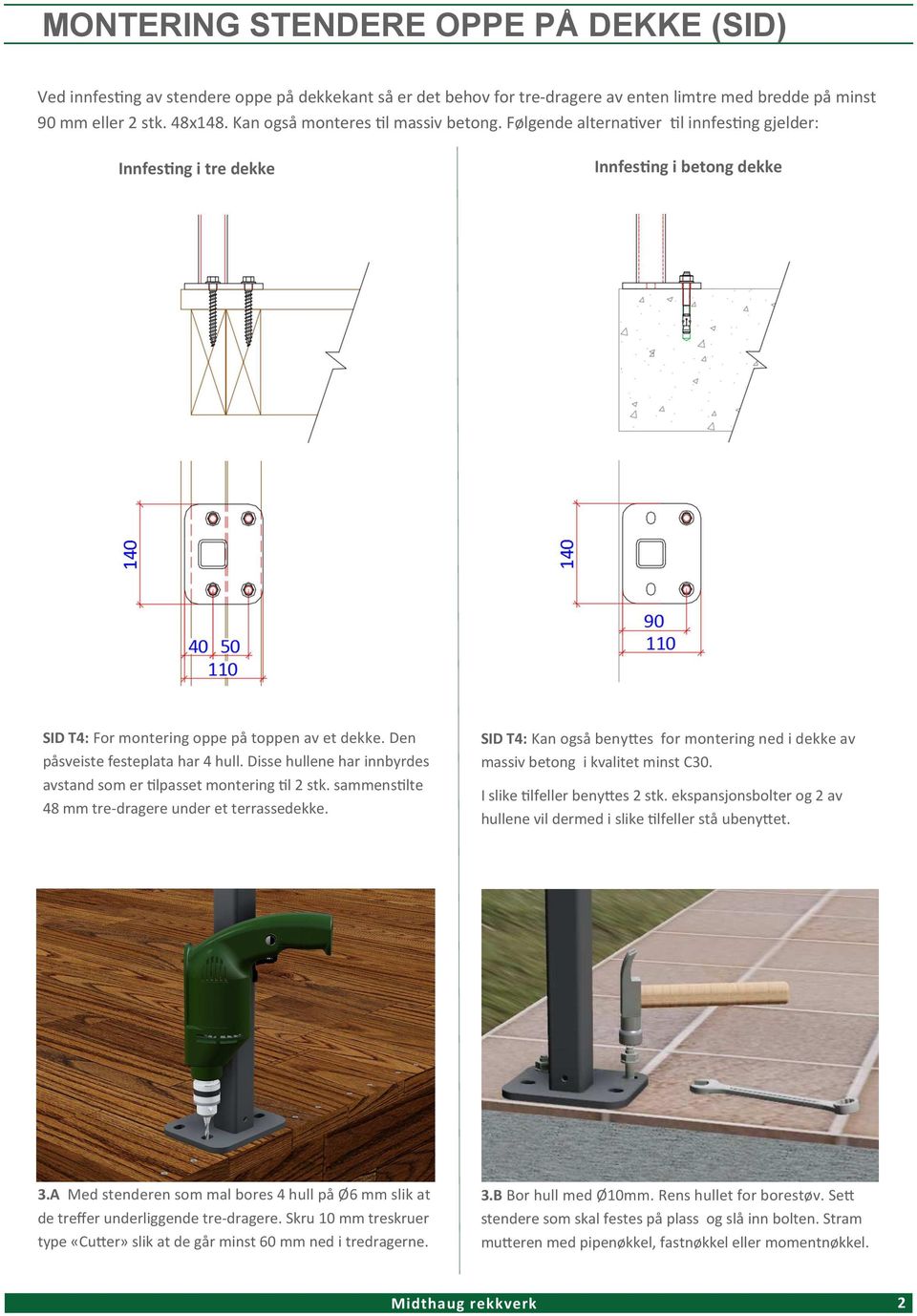 Den påsveiste festeplata har 4 hull. Disse hullene har innbyrdes avstand som er %lpasset montering %l 2 stk. sammens%lte 48 mm tre-dragere under et terrassedekke.