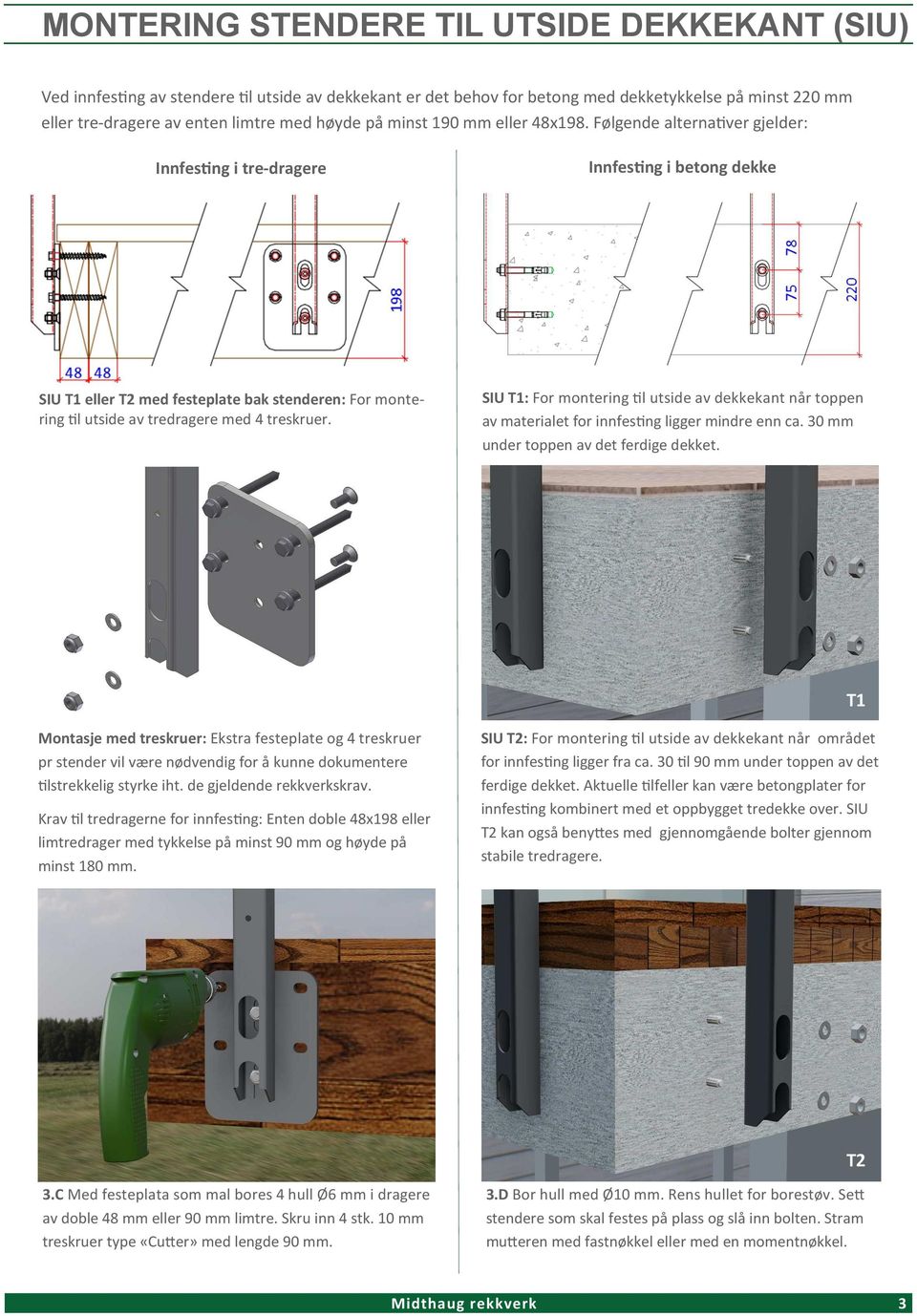 Følgende alterna%ver gjelder: Innfes#ng i tre-dragere Innfes#ng i betong dekke SIU T1 eller T2 med festeplate bak stenderen: For montering %l utside av tredragere med 4 treskruer.