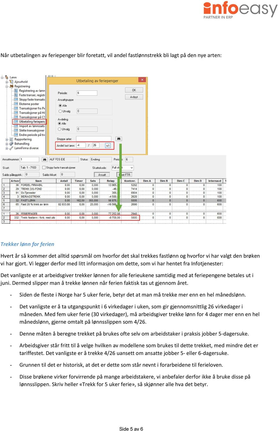 Vi legger derfor med litt informasjon om dette, som vi har hentet fra Infotjenester: Det vanligste er at arbeidsgiver trekker lønnen for alle ferieukene samtidig med at feriepengene betales ut i juni.