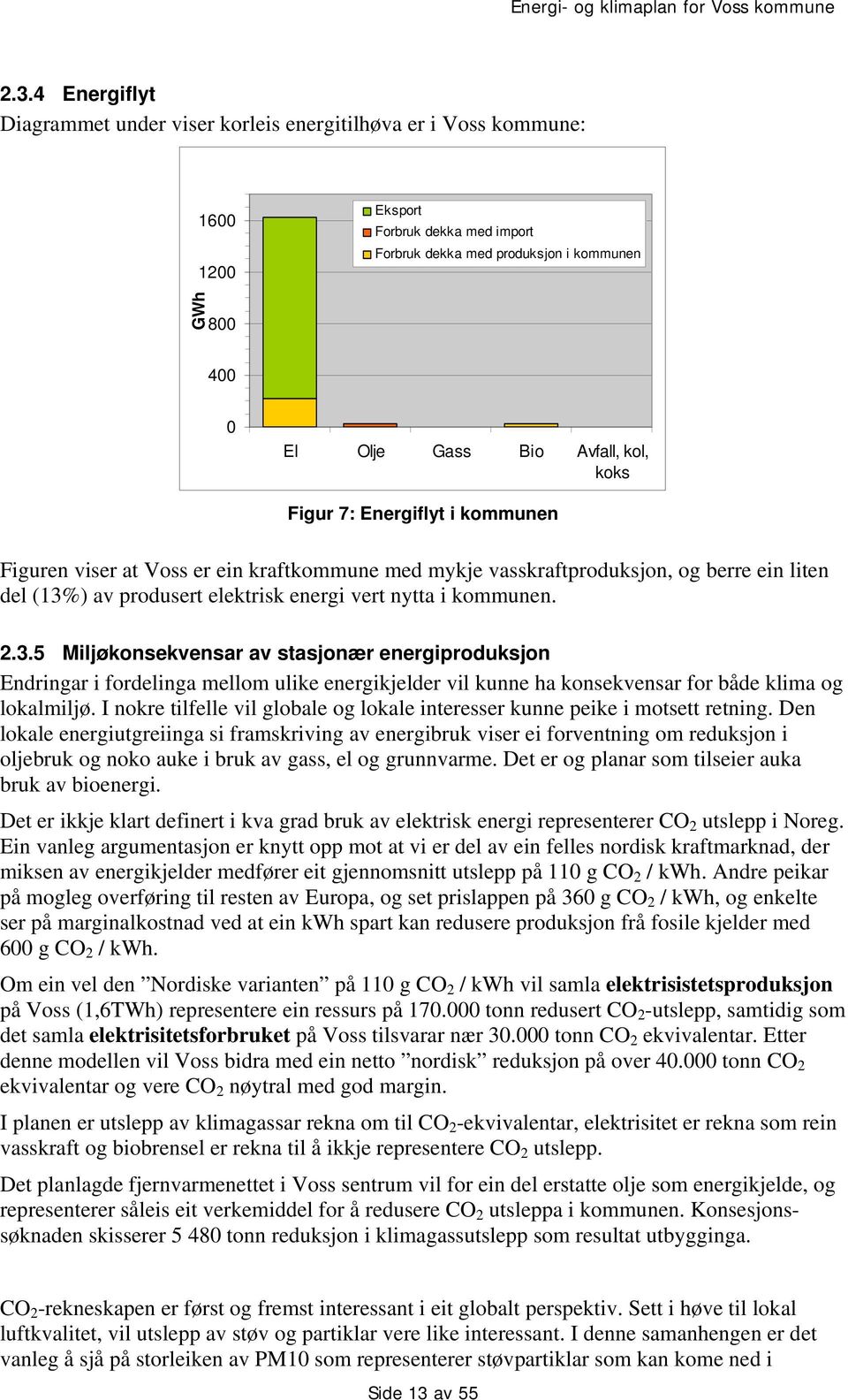 kommunen. 2.3.5 Miljøkonsekvensar av stasjonær energiproduksjon Endringar i fordelinga mellom ulike energikjelder vil kunne ha konsekvensar for både klima og lokalmiljø.