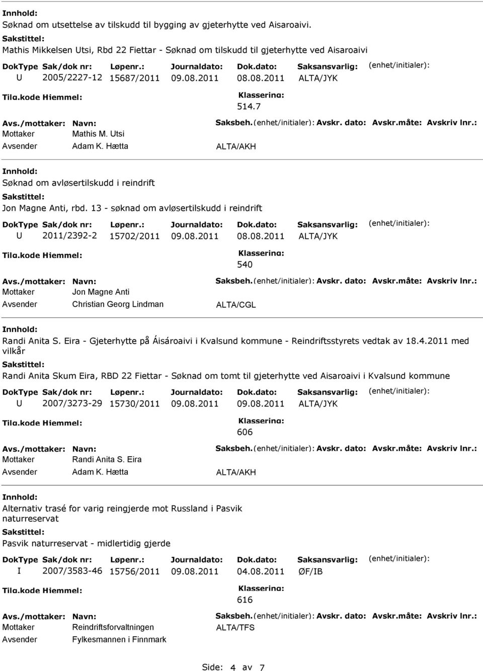 13 - søknad om avløsertilskudd i reindrift 2011/2392-2 15702/2011 540 Avs./mottaker: Navn: Saksbeh. Avskr. dato: Avskr.måte: Avskriv lnr.: Jon Magne Anti Christian Georg Lindman Randi Anita S.