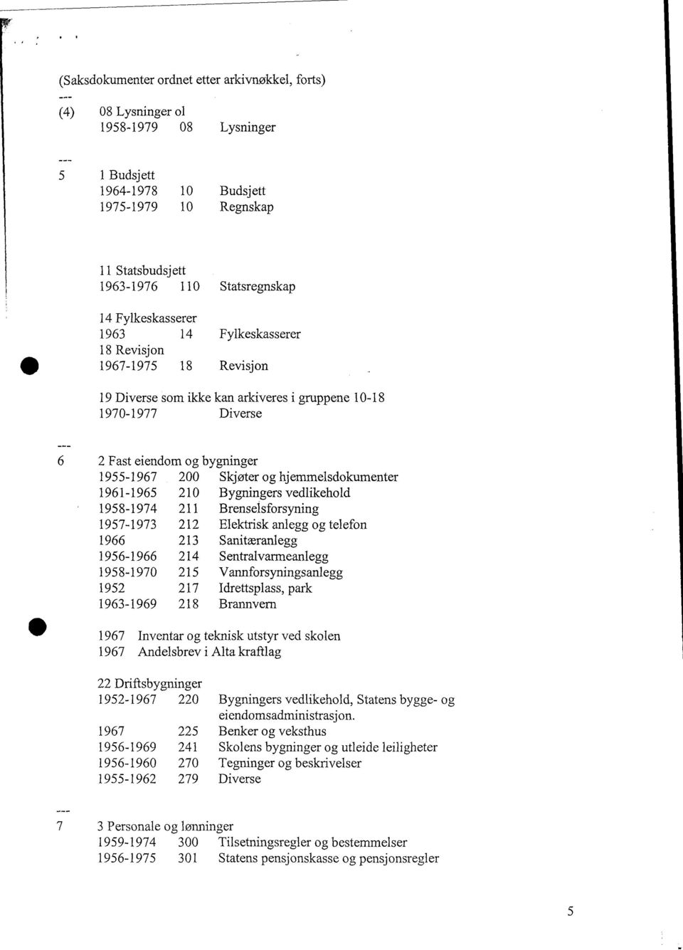 hjemmelsdokumenter 1961-1965 210 Bygningers vedlikehold 1958-1974 211 Brenselsforsyning 1957-1973 212 Elektrisk anlegg og telefon 1966 213 Sanitæranlegg 214 Sentralvarmeanlegg 1958-1970 215