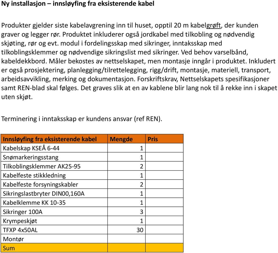 Ved behov varselbånd, kabeldekkbord. Måler bekostes av nettselskapet, men montasje inngår i produktet.