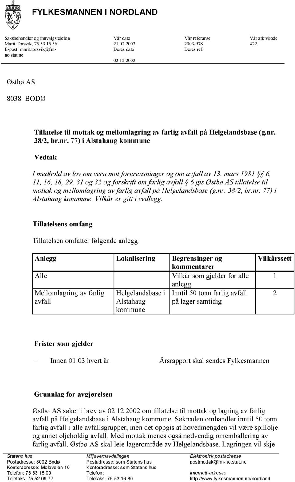 38/2, br.nr. 77) i Alstahaug kommune Vedtak I medhold av lov om vern mot forurensninger og om avfall av 13.