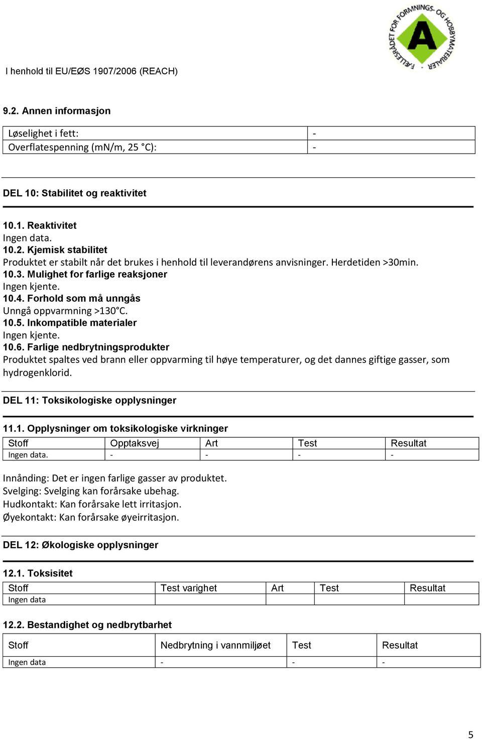 Farlige nedbrytningsprodukter Produktet spaltes ved brann eller oppvarming til høye temperaturer, og det dannes giftige gasser, som hydrogenklorid. DEL 11