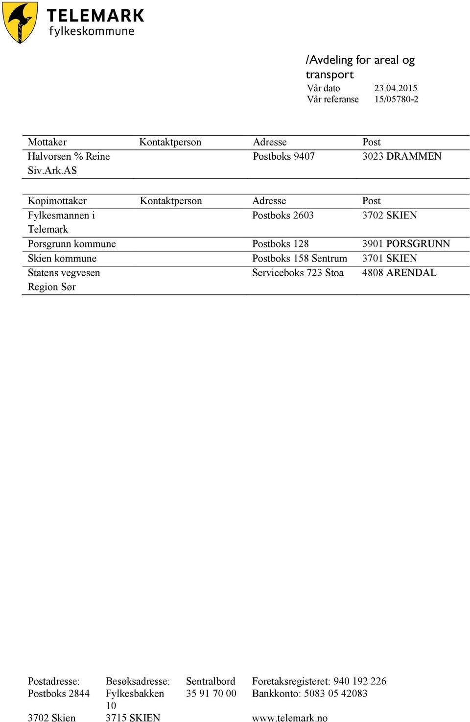 AS Kopimottaker Kontaktperson Adresse Post Fylkesmannen i Postboks 2603 3702 SKIEN Telemark Porsgrunn kommune Postboks 128 3901 PORSGRUNN Skien