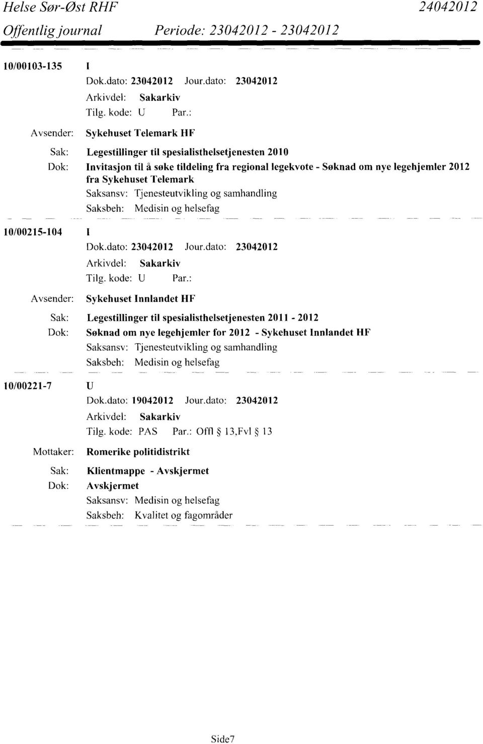 legehjemler 2012 fra Sykehuset Telemark Saksansv: Tjenesteutvikling og samhandling Saksbeh: Medisin ou helsefag Dok.dato: 23042012 Jour.