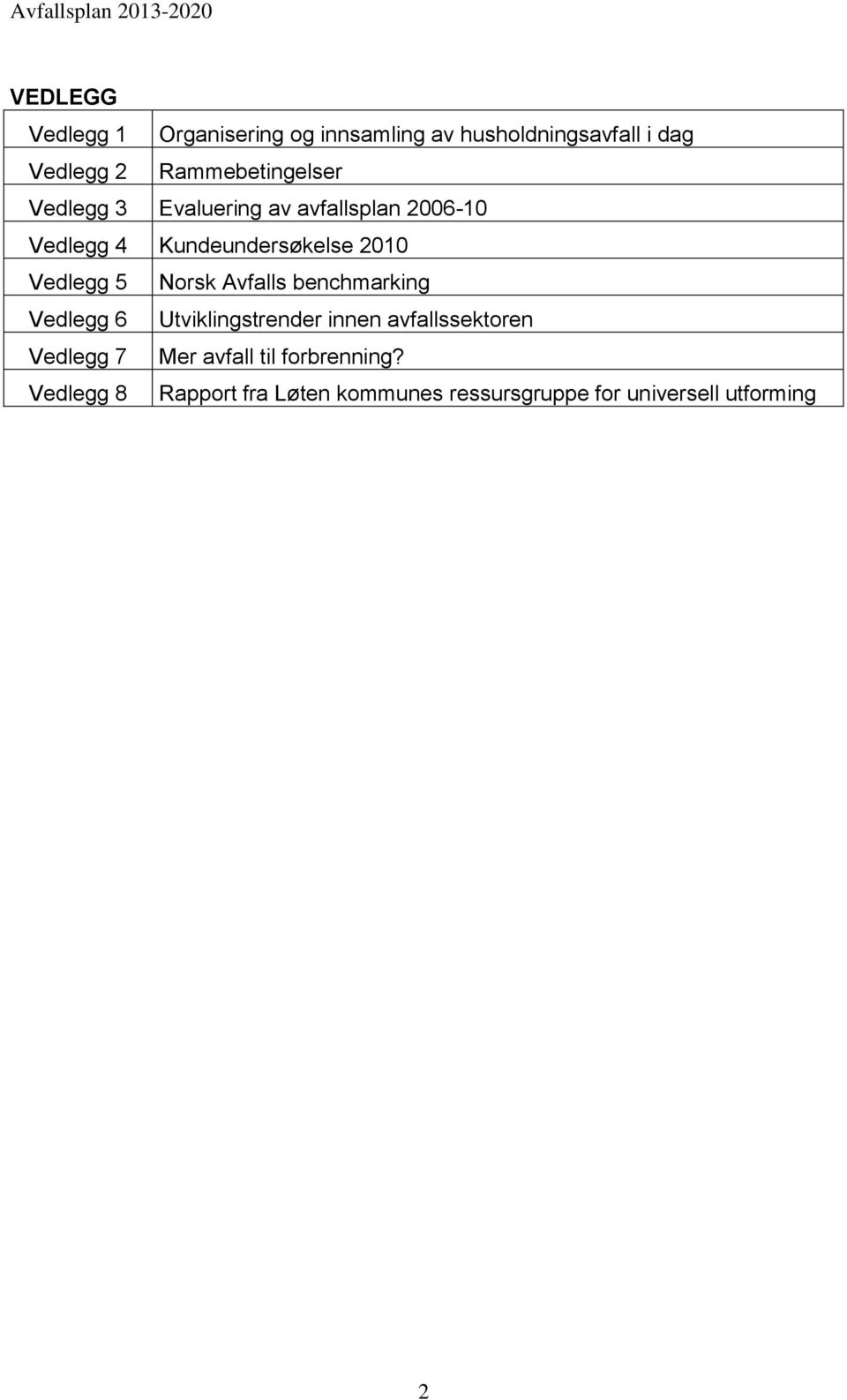 2010 Vedlegg 5 Norsk Avfalls benchmarking Vedlegg 6 Utviklingstrender innen avfallssektoren Vedlegg