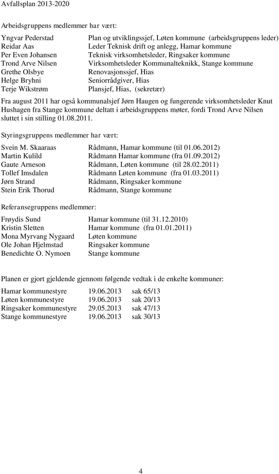 Seniorrådgiver, Hias Plansjef, Hias, (sekretær) Fra august 2011 har også kommunalsjef Jørn Haugen og fungerende virksomhetsleder Knut Hushagen fra Stange kommune deltatt i arbeidsgruppens møter,