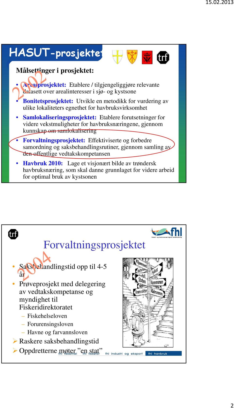 samlokalisering Forvaltningsprosjektet: Effektiviserte og forbedre samordning og saksbehandlingsrutiner, gjennom samling av den offentlige vedtakskompetansen Havbruk 2010: Lage et visjonært bilde av