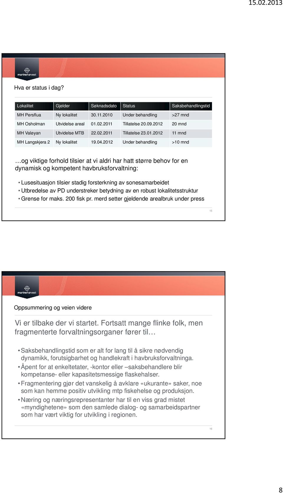 2012 Under behandling >10 mnd og viktige forhold tilsier at vi aldri har hatt større behov for en dynamisk og kompetent havbruksforvaltning: Lusesituasjon tilsier stadig forsterkning av