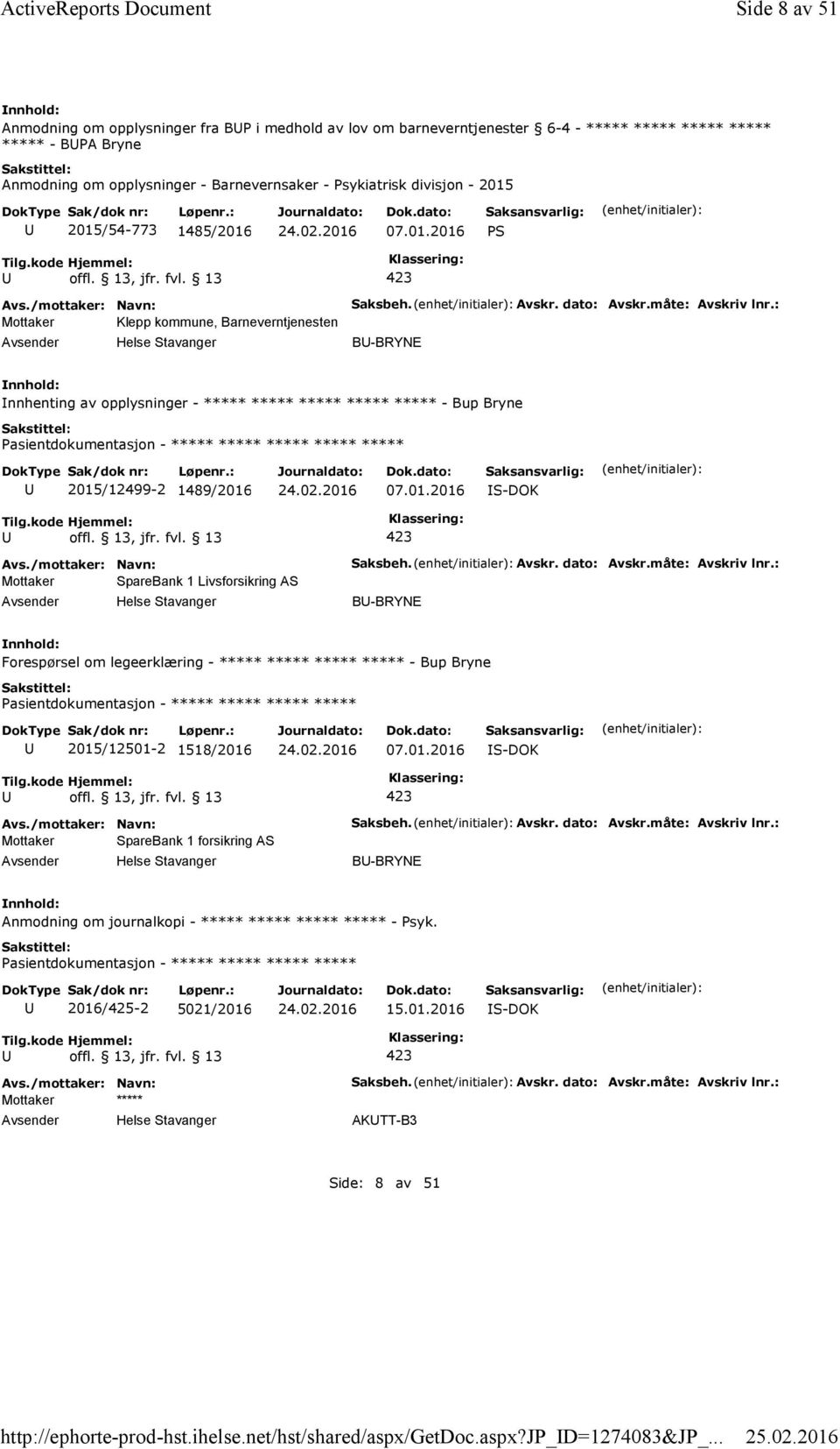 divisjon - 2015 2015/54-773 1485/2016 07.01.2016 PS Mottaker Klepp kommune, Barneverntjenesten Saksbeh. Avskr. dato: Avskr.måte: Avskriv lnr.