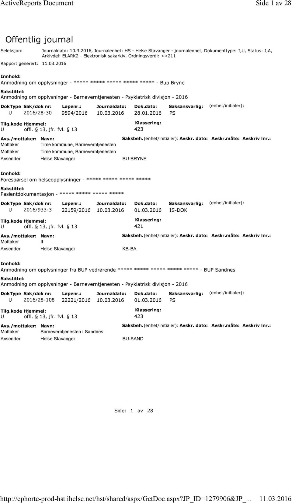 ***** - Bup Bryne Anmodning om opplysninger - Barneverntjenesten - Psykiatrisk divisjon - 2016 2016/28-30 9594/2016 28.01.2016 PS Mottaker Time kommune, Barneverntjenesten Mottaker Time kommune, Barneverntjenesten Saksbeh.