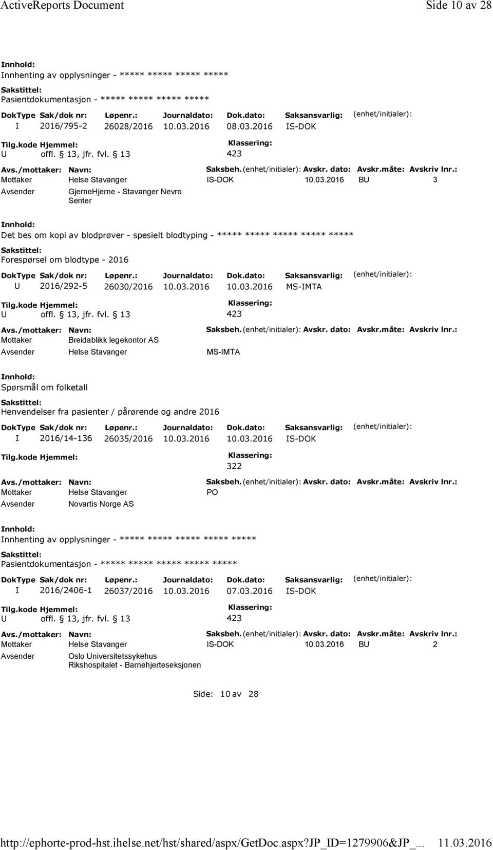 : B 3 GjerneHjerne -Stavanger Nevro Senter Det bes om kopi av blodprøver - spesielt blodtyping - ***** ***** ***** ***** ***** Forespørsel om blodtype - 2016 2016/292-5 26030/2016 MS-MTA Mottaker