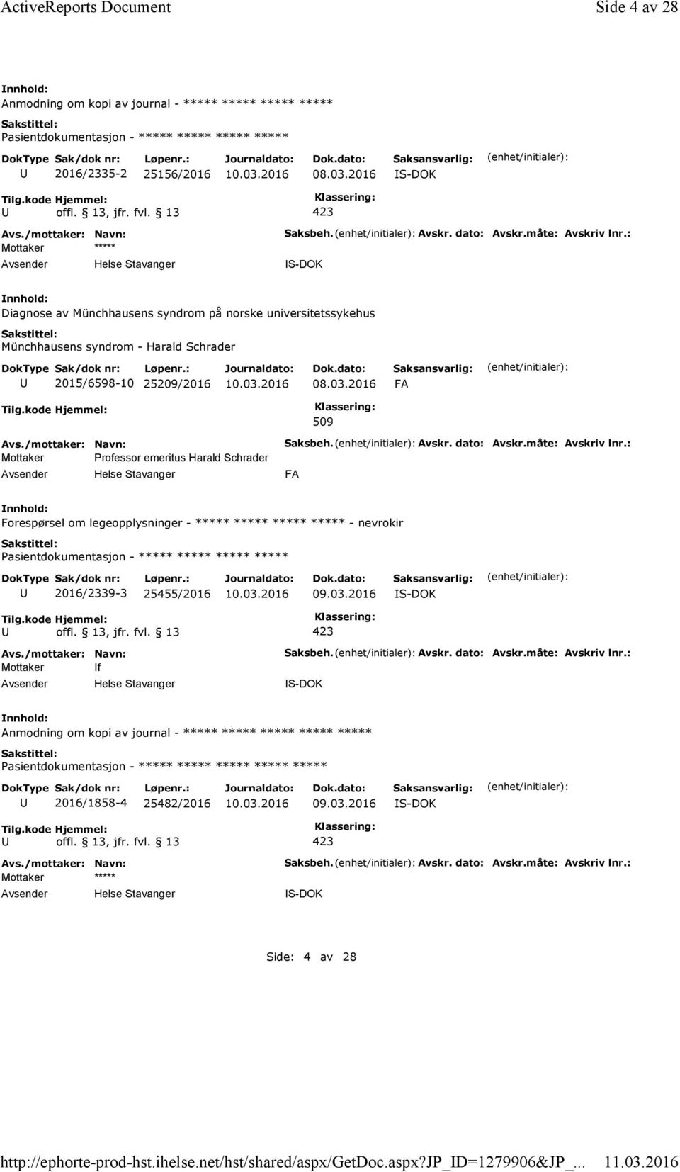 2016 FA 509 Mottaker Professor emeritus Harald Schrader Saksbeh. Avskr. dato: Avskr.måte: Avskriv lnr.