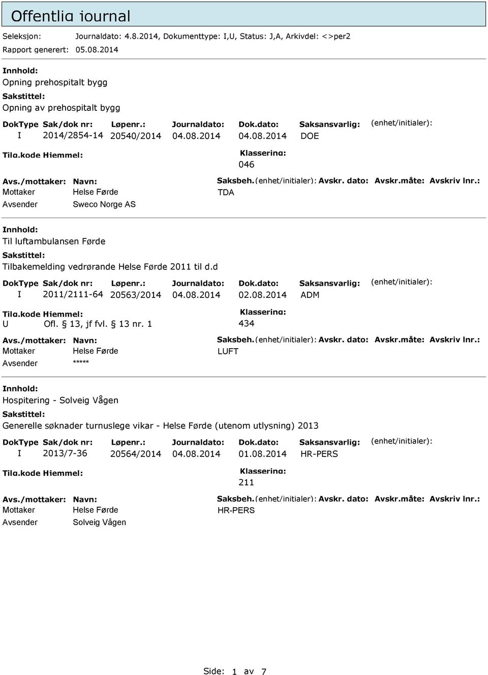 Til luftambulansen Førde Tilbakemelding vedrørande Helse Førde 2011 til d.d 2011/1-64 20563/2014 02.08.