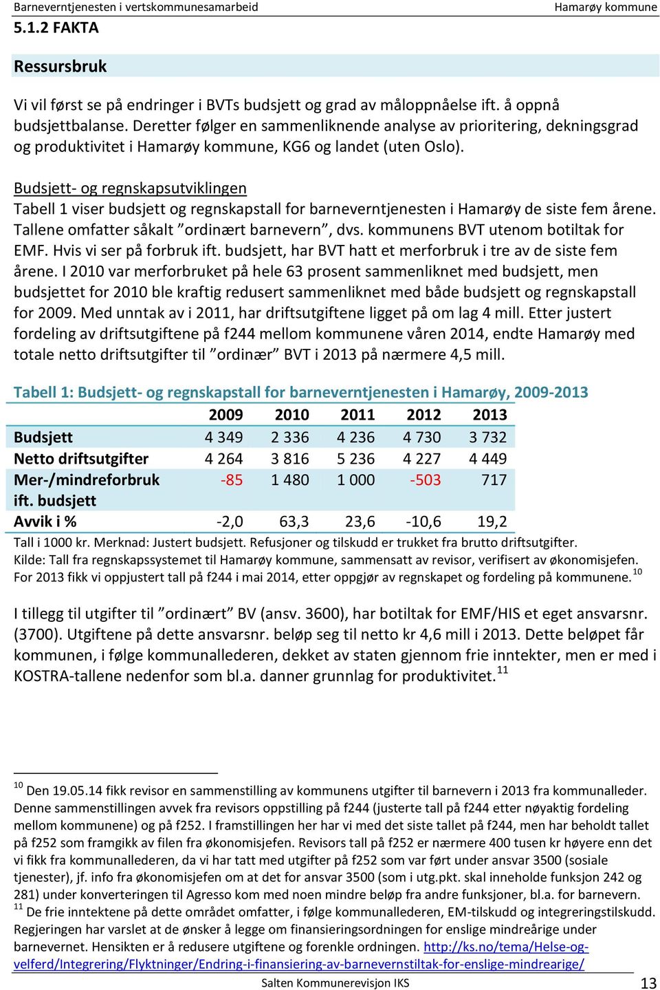 Budsjett- og regnskapsutviklingen Tabell 1 viser budsjett og regnskapstall for barneverntjenesten i Hamarøy de siste fem årene. Tallene omfatter såkalt ordinært barnevern, dvs.