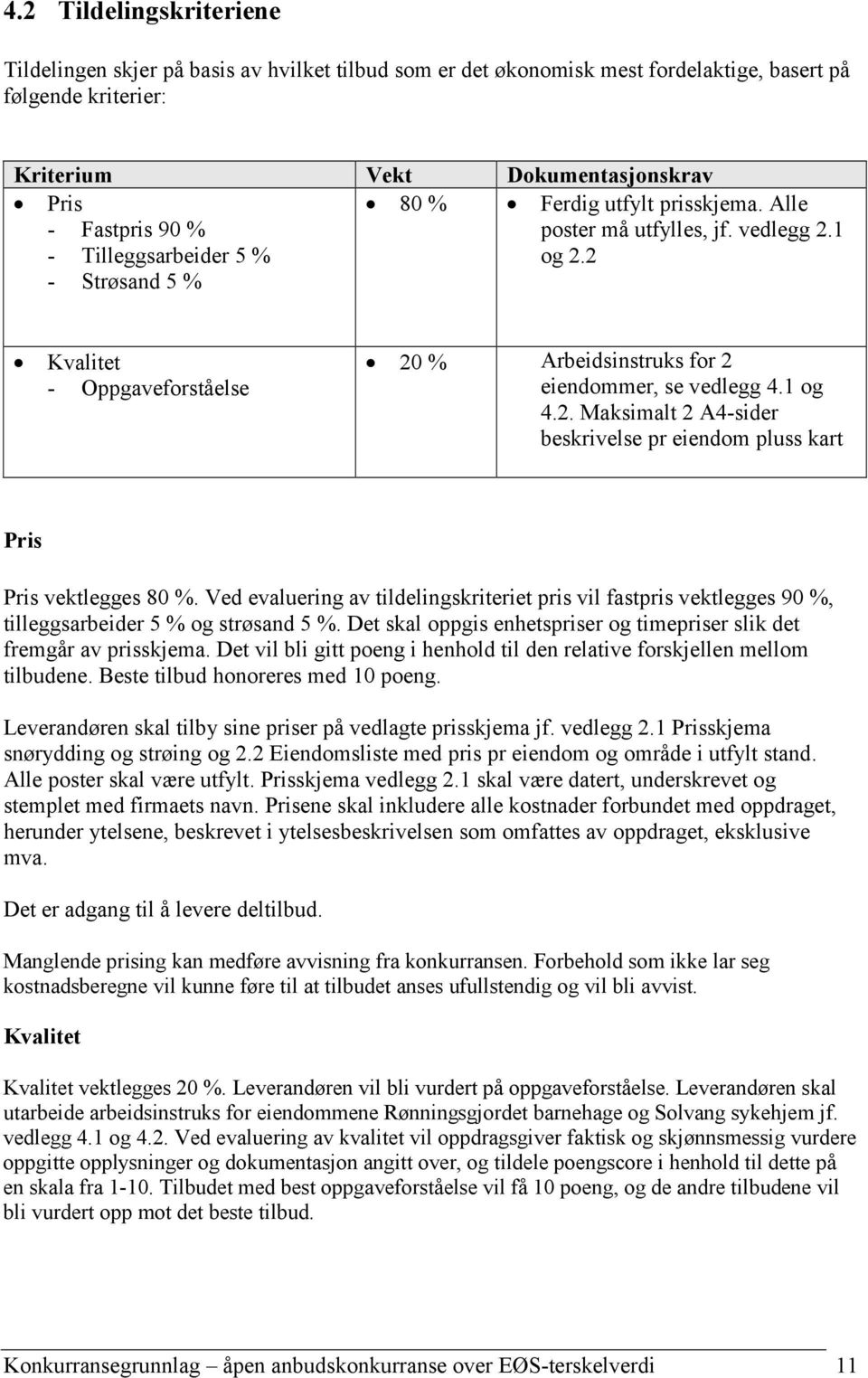 1 og 4.2. Maksimalt 2 A4-sider beskrivelse pr eiendom pluss kart Pris Pris vektlegges 80 %.