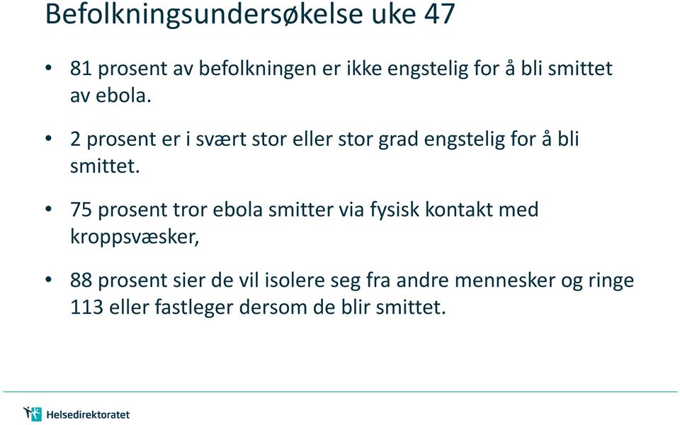 75 prosent tror ebola smitter via fysisk kontakt med kroppsvæsker, 88 prosent sier de