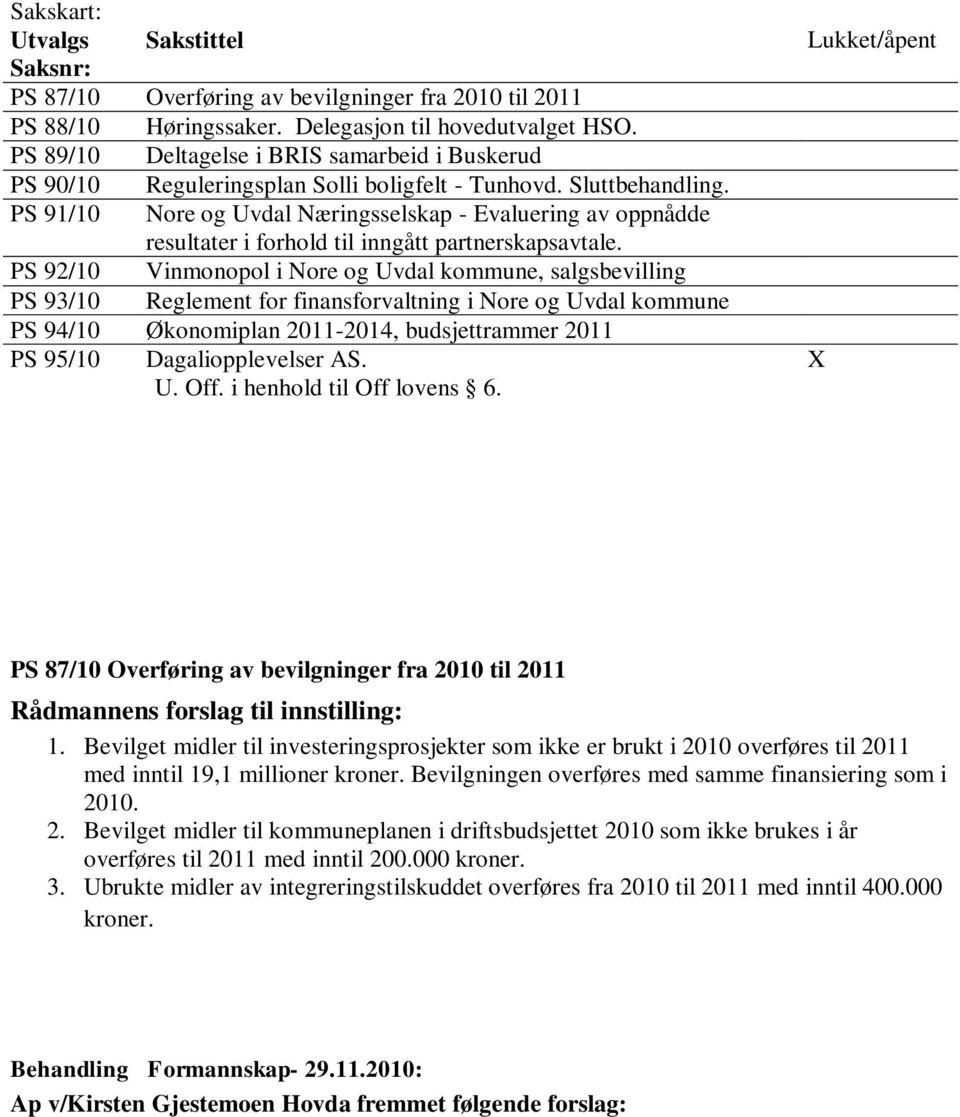 PS 91/10 Nore og Uvdal Næringsselskap - Evaluering av oppnådde resultater i forhold til inngått partnerskapsavtale.