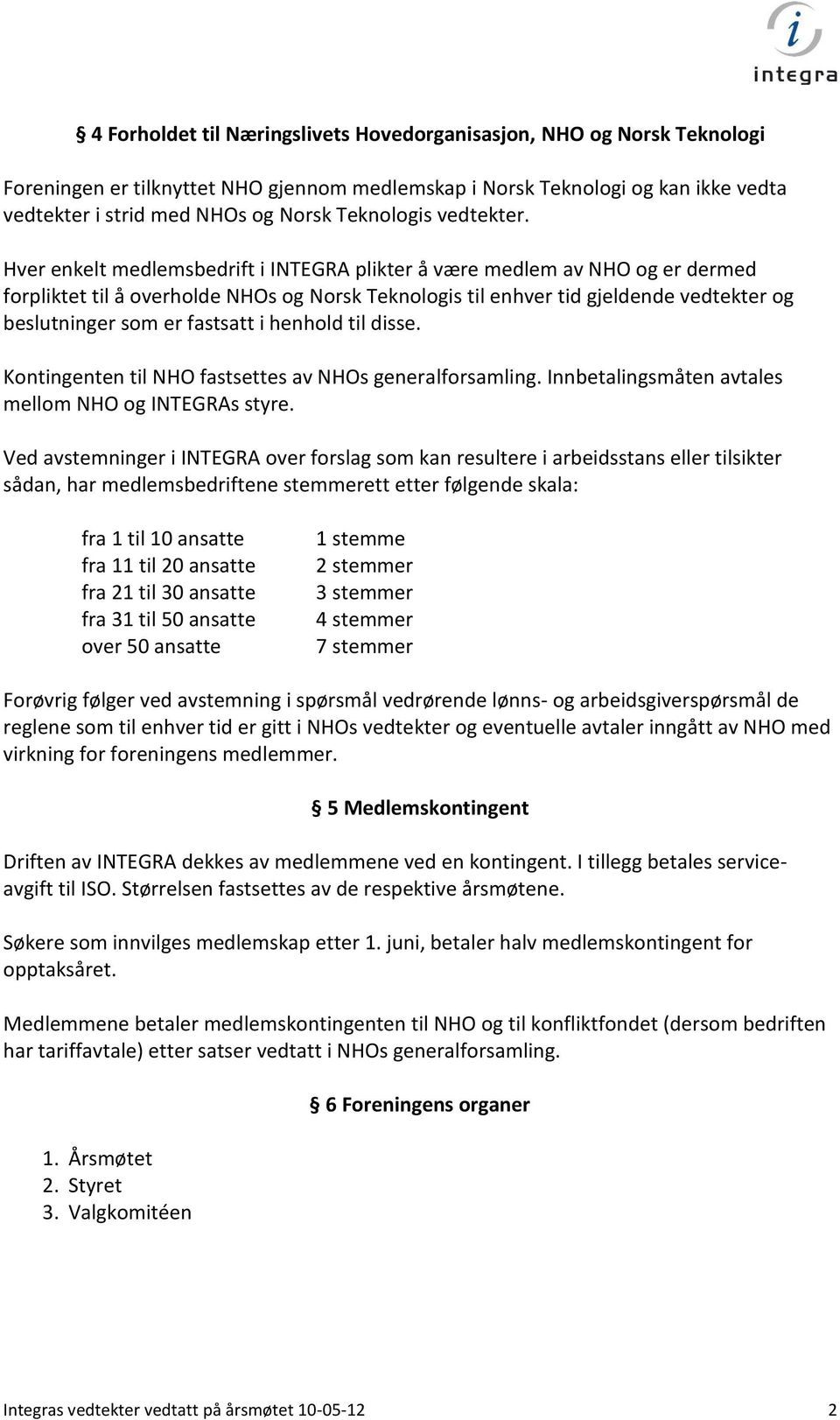 Hver enkelt medlemsbedrift i INTEGRA plikter å være medlem av NHO og er dermed forpliktet til å overholde NHOs og Norsk Teknologis til enhver tid gjeldende vedtekter og beslutninger som er fastsatt i