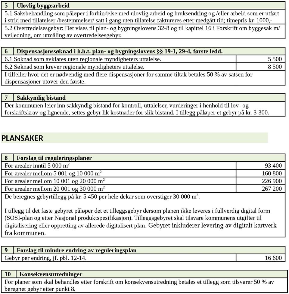 medgått tid; timepris kr. 1000,- 5.2 Overtredelsesgebyr: Det vises til plan- og bygningslovens 32-8 og til kapittel 16 i Forskrift om byggesak m/ veiledning, om utmåling av overtredelsesgebyr.