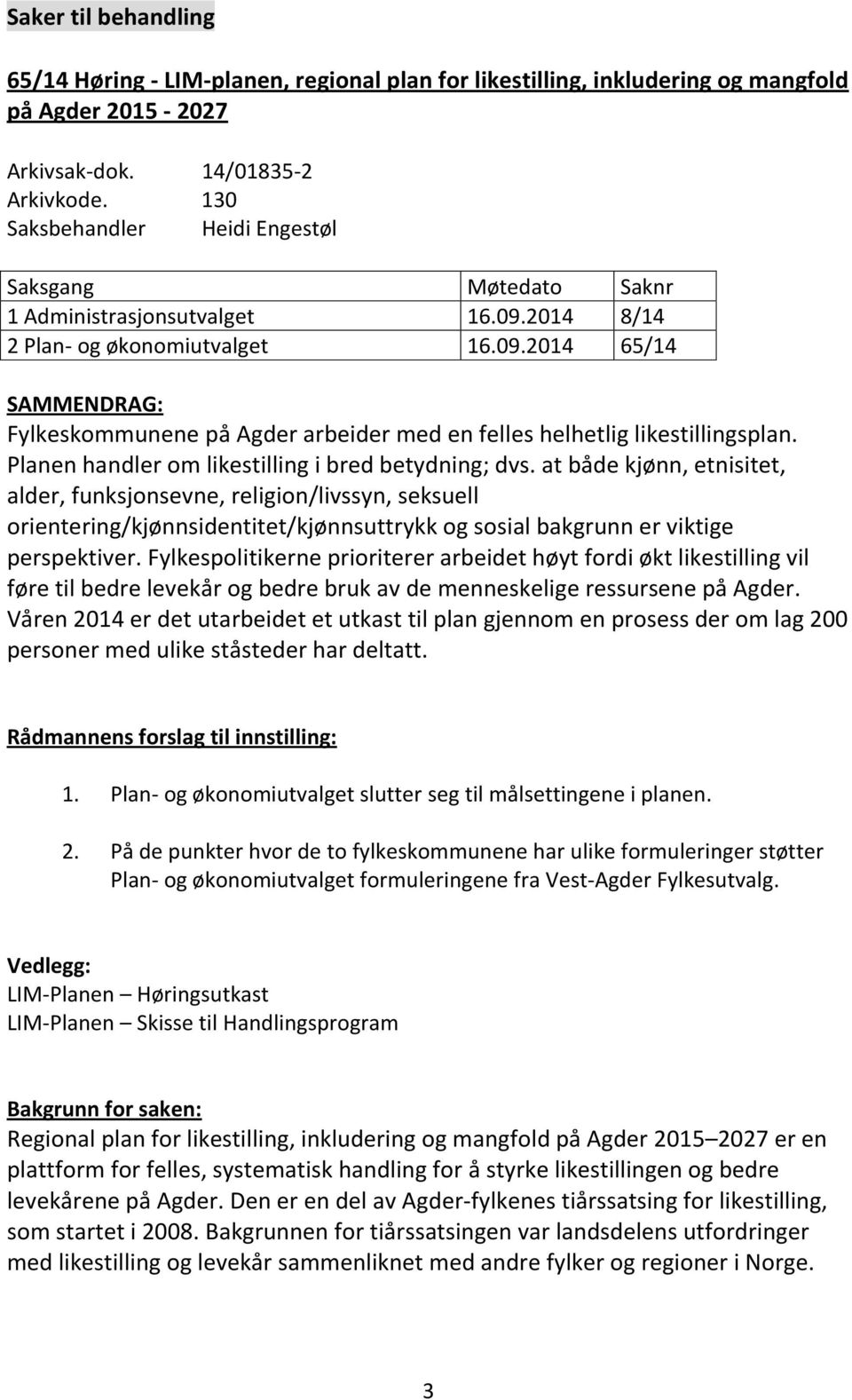 Planen handler om likestilling i bred betydning; dvs.