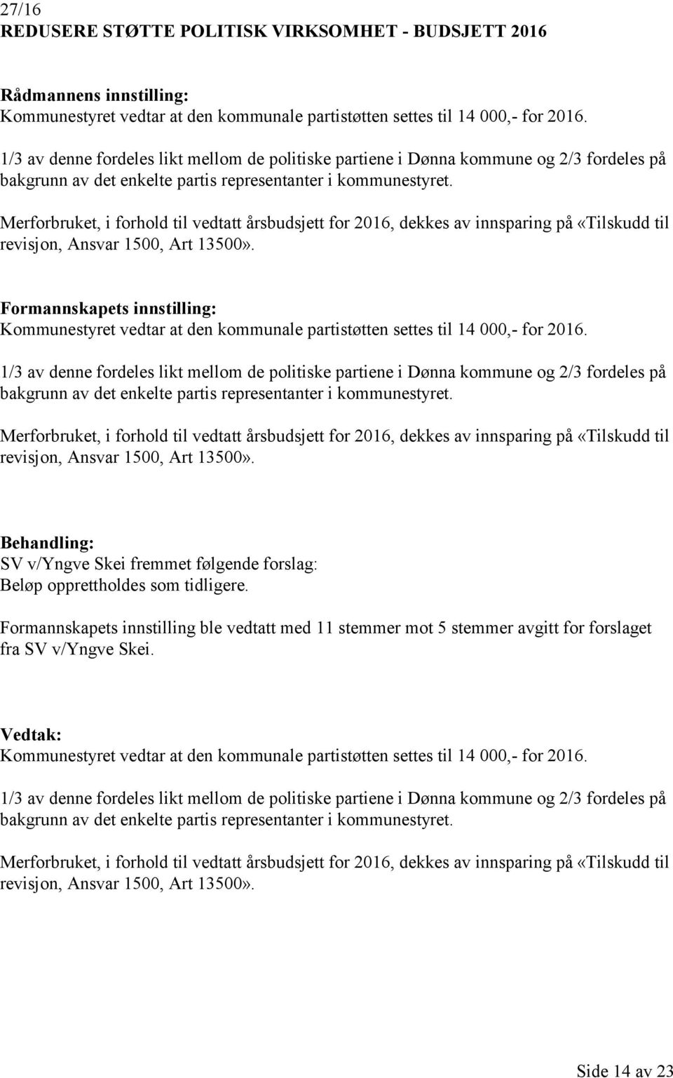 Merforbruket, i forhold til vedtatt årsbudsjett for 2016, dekkes av innsparing på «Tilskudd til revisjon, Ansvar 1500, Art 13500».